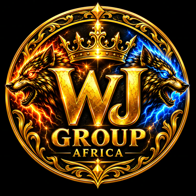 Logo WJ GROUP Africa : deux loups, une couronne, lettres dorées