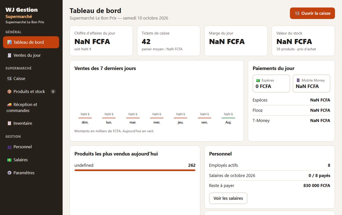 Tableau de bord du logiciel WJ Gestion Supermarché